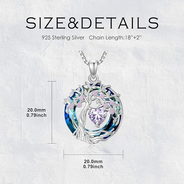 Tree of Life Birthstone Necklace 925 Sterling Silver Crystal Tree of Life Pendant Birthstone Jewelry Birthday Christmas Gifts for Women Mom Her Wife