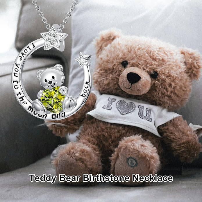PELOVNY Teddy Bear Necklace for Women 925 Sterling Silver Bear/Highland Cow/Fox/Cat/Axolotl Birthstone Necklace Christmas Birthday Jewelry Gifts for Mom Daughter Wife Sister