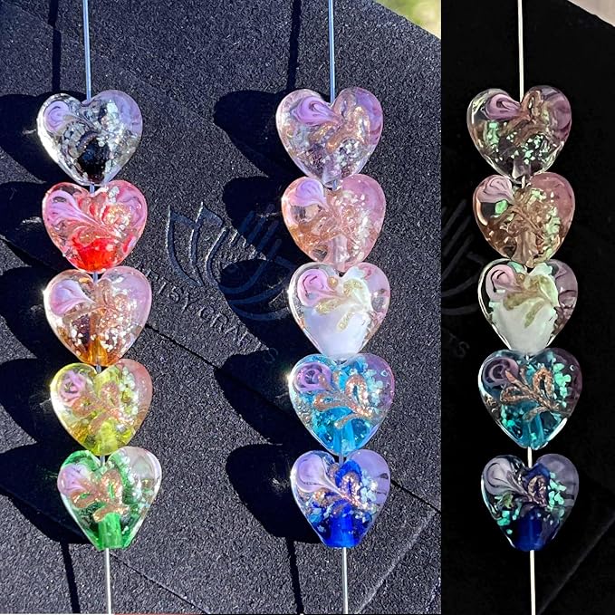 Artsy Crafts 20 Pcs Assorted Glow in The Dark Firefly Beads 12mm European Lampwork Luminous Glass Beads for Jewelry Making Charm Bracelet Necklace Earrings Crafts (Heart - Mix)