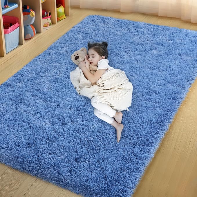 qulint 4x6 Rug for Bedroom, Fluffy Small Blue Carpet for Living Room Soft Shag Boys Room Rug, Fuzzy Plush Shaggy Carpet for Teen Boys and Girls Dorm Nursery Home Decor (4ft x 6ft, Blue)