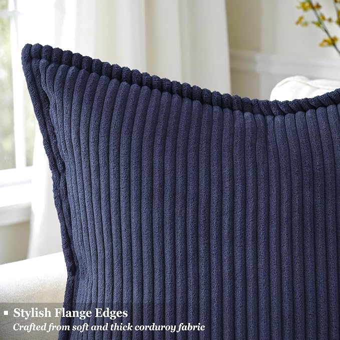 decorUhome Fall Corduroy Dark Navy Throw Pillow Covers 22x22 Set of 2 | Euro Sham Couch Decorative Soft Modern Boho Farmhouse Pillow Covers Broadside Striped Pillow Cases for Living Room Bed Sofa