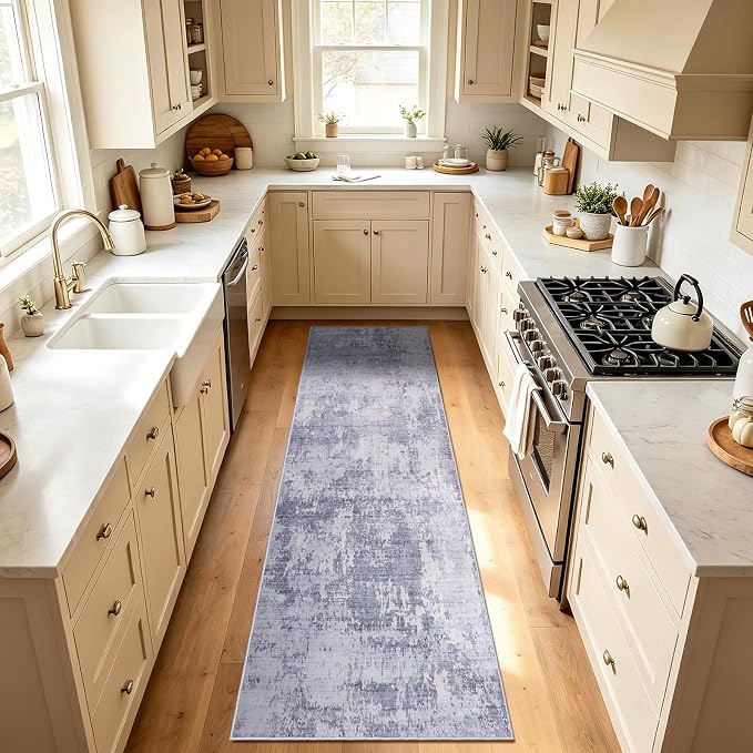2'6x10 Runner Rug Washable Rug Vintage Abstract Hallway Runner Non-Slip Soft Low Pile Distressed Floor Carpet Retro Doormat for Kitchen Bedroom Laundry Entryway Bathroom Light Gray & Cream 2'6"x10'