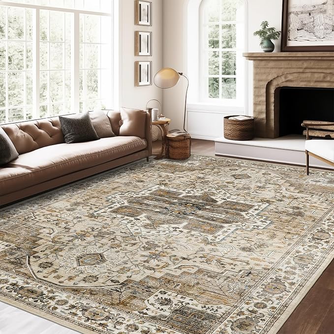 Roxstand 5x7 Washable Area Rug, Vintage Low Pile Rug, Beige/Brown | Non-slip Backing, Low-Pile Carpet, Stain Resistant,Rugs for Living Room,Bedroom, Dining Room, Office