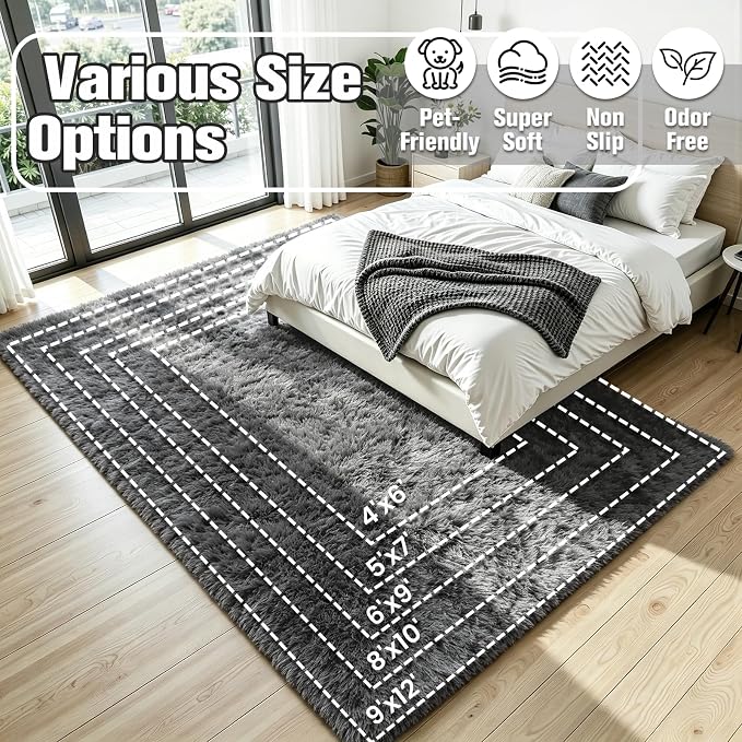 6x9 Area Rug for Living Room, Ultra Soft Fluffy Grey Rugs for Bedroom, Non Slip Large Shag Carpet, Fuzzy Plush Nursery Rug, Thick Washable Indoor Floor Carpets for Kids Office Dorm Home Decor