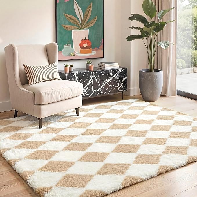 GENIMO Checkered Rug 6x9 Area Rugs for Kids Bedroom Soft Shag Rug Fluffy Fuzzy Carpet Plush Rugs for Living Room Nursery Playroom Dorm Modern Home Decor Aesthetic, Beige and White