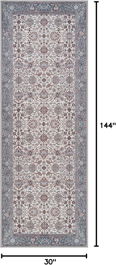 Bloom Rugs Washable Non-Slip 12 ft Runner - Teal/Blue/Beige Traditional Oriental Runner for Entryway, Hallway, Bathroom, and Kitchen - Exact Size: 2.5' x 12'