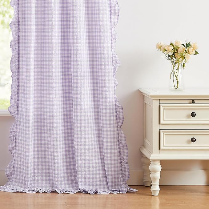 ZJDECOR Purple Buffalo Plaid Crinkle Ruffle Window Curtains 84 Inches Long | Lavendar Cottage Not-See-Through Sheer Drapes for Nursery Kidsroom,Farmhouse Window Treatment,Rod Pocket,40"Wx84"Lx2