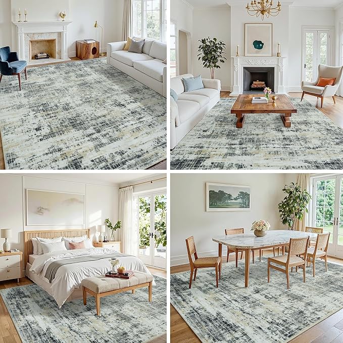 5x7 Area Rugs for Living Room Washable Rug: Anti-Skid Abstract Modern Living Room Rug Soft Thin Carpets Indoor Floor Non-Shedding Carpet for Bedroom Dining Farmhouse Nursery Black Gray Gold
