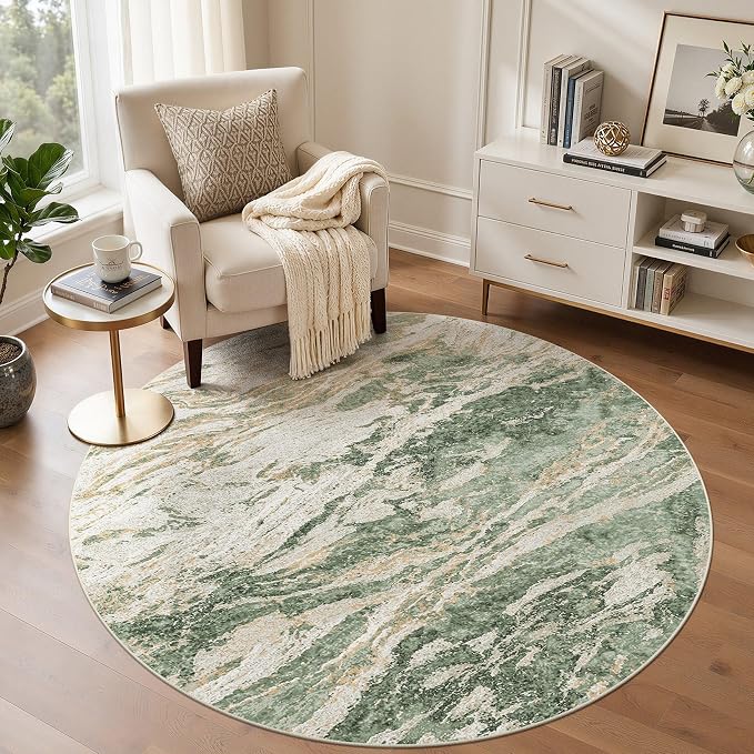 Area Rugs for Living Room: 5ft Round Abstract Washable Rug Modern Neutral Large Soft Stain Resistant Non-Slip for Bedroom Dining Room Indoor Home Office Carpet - Green Brown