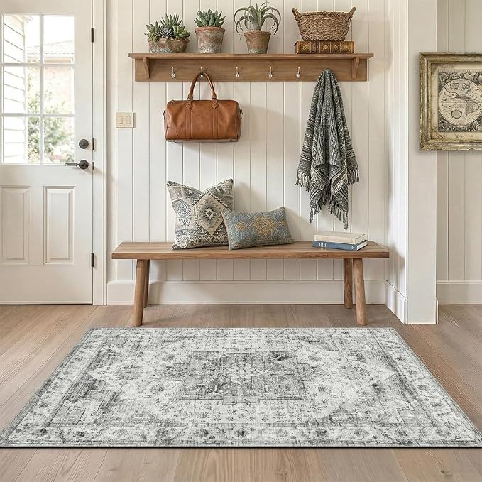 3x5 Area Rug for Living Room-Vintage Farmhouse Boho Floral Washable Stain Resistant Indoor Carpet for Bedroom Office and Home Decor(Black&Grey)