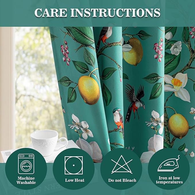 MYSKY HOME Floral Blackout Curtains 63 inch Length 2 Panels Set with Bird Lemon Patterned for Bedroom Room Darkening Noise Reducing Vintage Curtains & Drapes Grommet for Home, 52", Deep Green