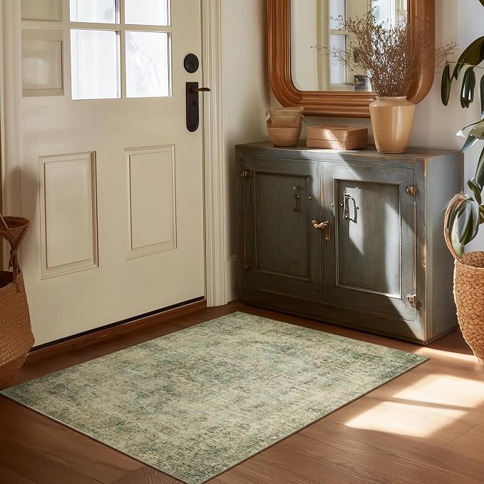Machine Washable Area Rugs for Entryway: Door Mat Indoor Entrance 2x3 Boho Rug Vintage Distress Non-Slip Low Pile Soft Throw Carpet for High-Traffic Areas Kitchen, Hallway, Farmhouse Decor