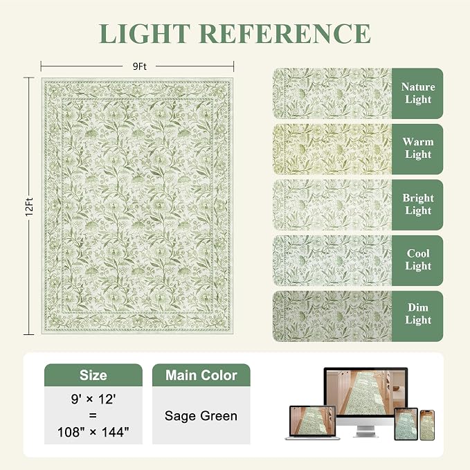 DUKINO 9x12 Area Rug for Living Room Vintage Floral Washable Rug Sage Green | Non Slip, Low Pile, Non-Shedding, Stain Resistant, Aesthetic Soft Indoor Large Carpet for Bedroom Dining Room Farmhouse