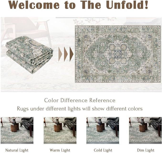 LUXRUG Washable Area Rug 4x6 - Boho Living Room Rug Non Slip Soft Bedroom Rug Ultra-Thin Sage Green Vintage Medallion Oriental Dining Room Rugs for Under Table Indoor Carpet for Living Room Kitchen