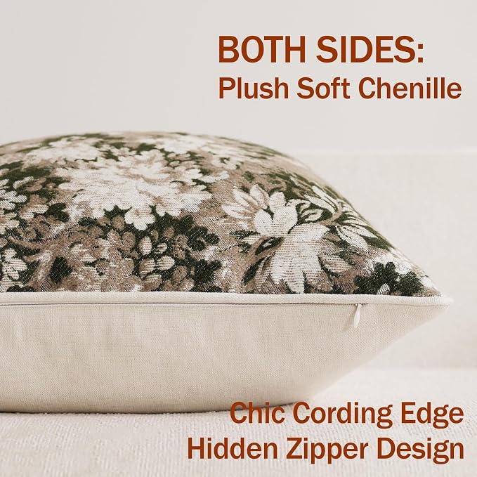 DEZENE Pack of 2 Vintage Floral Euro Sham Covers 26x26 Boho Farmhouse Accents Chenille Square Decorative Throw Pillow Cases for Living Room Couch Bed Home Decor, Green and Taupe