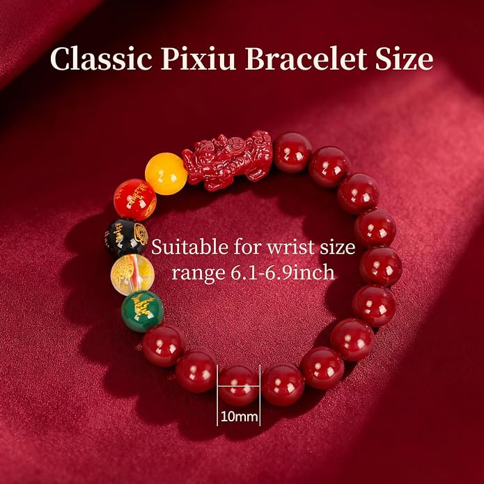 Five Roads Wealth God Cinnabar Pixiu Bracelet - Feng Shui Red String Bracelet for Good Luck & Money Attraction, Fortune Blessing for Men & Women, Adjustable Lucky Charm Bracelet (Classic & Cinnabar Options, 8/10/12mm)