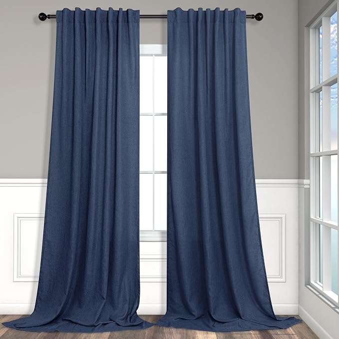 Pitalk Navy Blue Curtains 90 Inches Long for Boys Bedroom 2 Panel Back Tab Loop Pocket Light Filtering Semi Privacy Sheer Dark Blue Linen Curtains for Living Room Dining Nautical Decor 52x90 Length