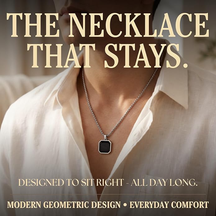 Galis Mens Necklace - Premium Stainless Steel Silver Chain Necklace, Non Tarnish, Chains, Triangle, Cross, Black Enamel, Compass Pendant, Stylish Jewelry - Gift for Him 24"