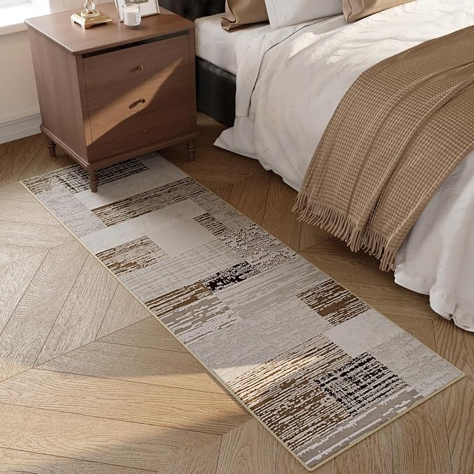 FlyDOIT Modern Geometric Patchwork Area Rug, 2x6 Beige Runner Rugs for Living Room, Rockwood Collection Indoor Rugs for Bedroom, Throw Carpet Floor Decor for Entryway Dining Room Office Nursery