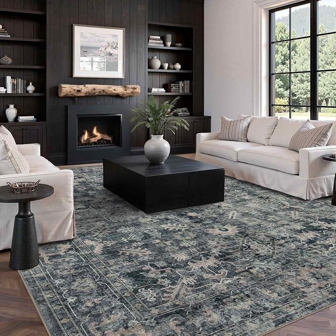 Rugxara Blue 8x10 Area Rugs for Living Room Bedroom Large Washable Rug | Non Slip, Rug for Dining Room Office Kids Room, Stain Resistant, Soft, Low Pile, Vintage Boho Retro Carpet,Home Decor