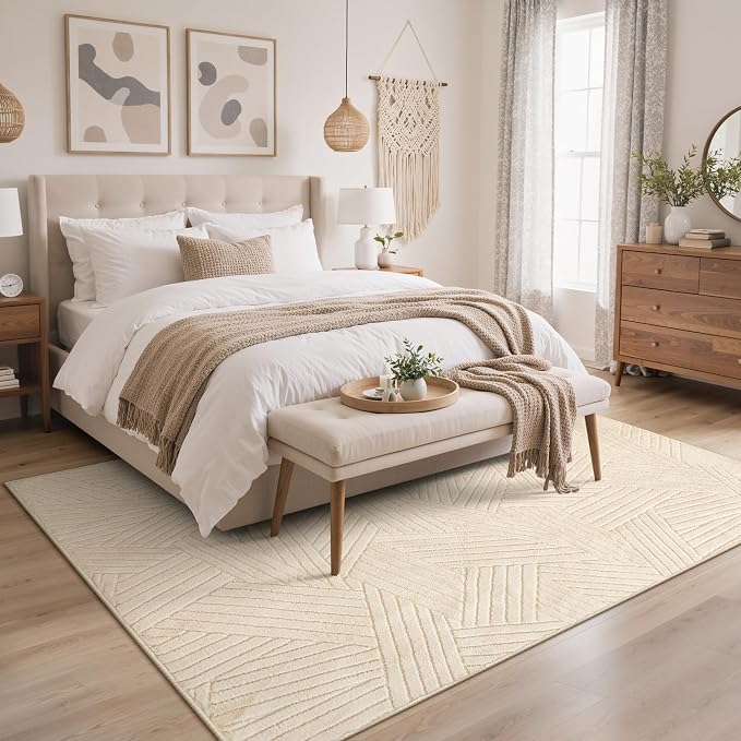 GENIMO Soft Washable Area Rugs 5x7, 3D Modern Line Design Rugs for Living Room, High-Low Pile Textured Non Slip Fuzzy Shag Carpet, Non-Shedding Stain Resistant Beige Carpet for Bedroom, Dining Room