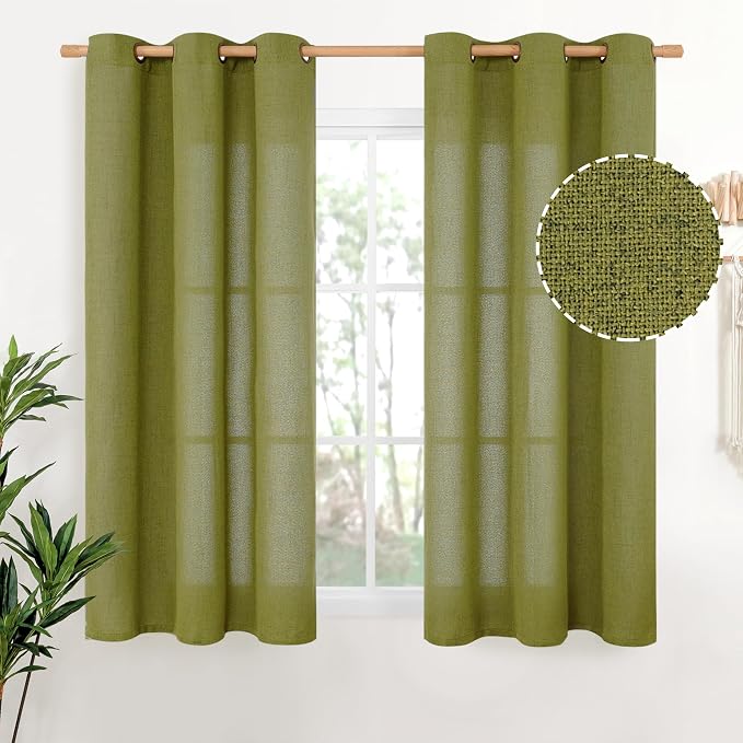 YoungsTex Green Linen Curtains 45 Inches Length, Short Window Drapes Light Filtering with Bronze Grommet for Kitchen Bedroom Decorative, 42 x 45 Inch, 2 Panels