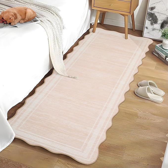 Garvee Washable 2x6 Bathroom Rug Runners Kitchen Rug Hallway Runner Rugs Non Slip Low Pile Faux Wool Scalloped Rugs, Modern Solid Color Carpet for Bedroom Entryway Laundry Foyer,Natural Ivory