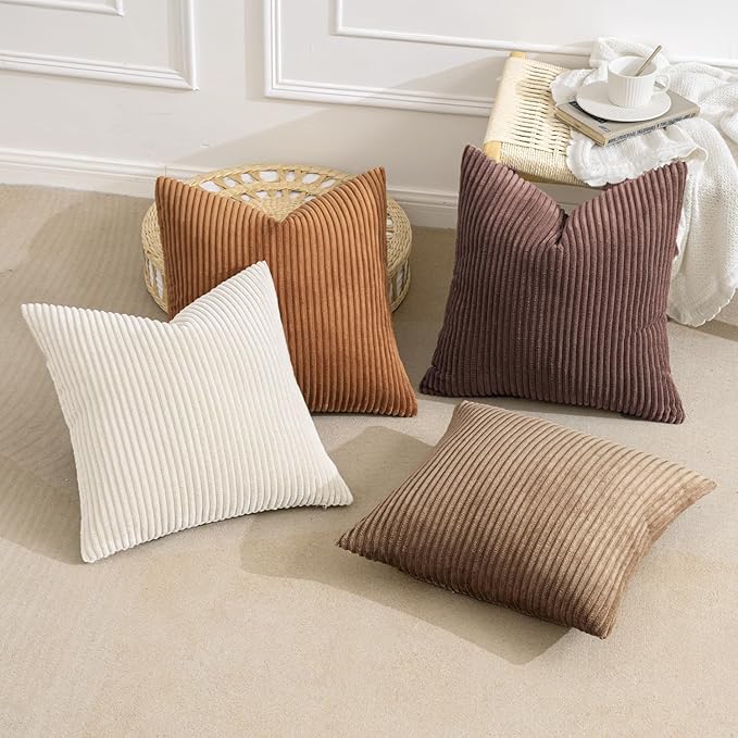 MIULEE Boho Farmhouse Throw Pillow Covers 18x18 Inch Set of 4 Rustic Mordern Neutral Cushion Covers Soft Corduroy Nordic Fall Home Decor for Couch Bed Sofa Living Room Brown