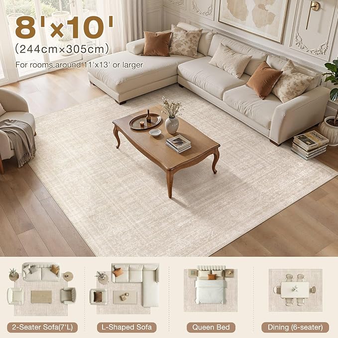 Nakagishi 8x10 Area Rugs Living Room: Washable Large Vintage Rug Neutral Non-Slip Soft Stain Resistant Indoor Carpet for Bedroom Nursery Dining Room Office Playroom - Beige