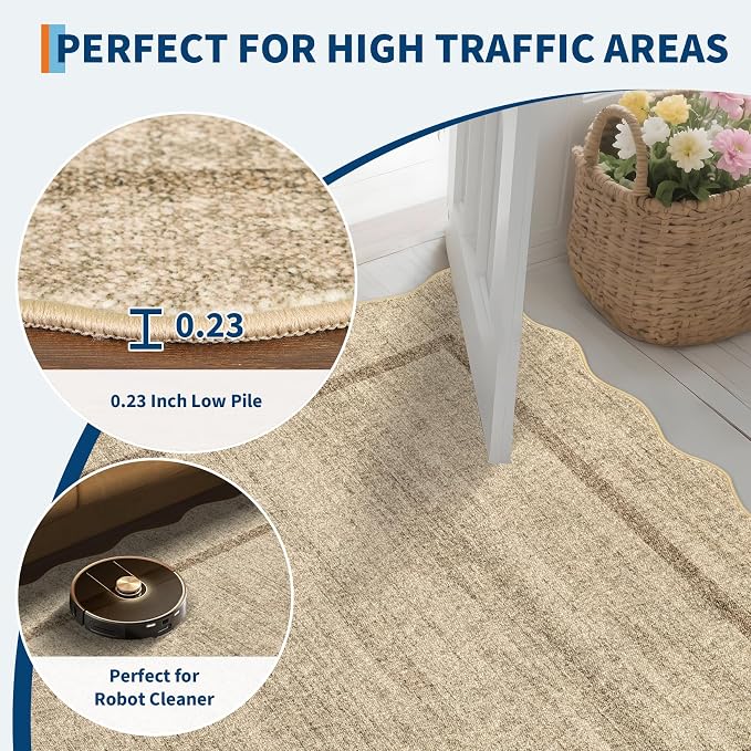 GarveeHome Scalloped Washable Rugs 8x10 Area Rugs for Living Room Modern Non Slip Throw Rugs Large Rug for Bedroom Low Pile Non Shedding Stain Resistant Carpet for Dining Room 8 ft x10 ft Jute