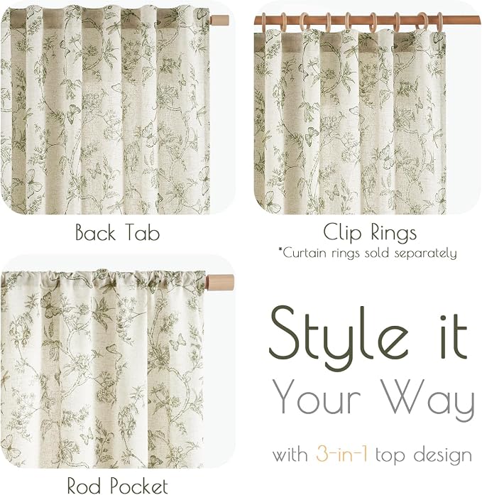 Lazzzy Charlotte Linen Green Floral Curtains 96 Inch Length Farmhouse Curtain Back Tab Drapes for Living Room Bedroom Light Filtering Vintage Rod Pocket Curtains, 2 Panels, Green on Beige