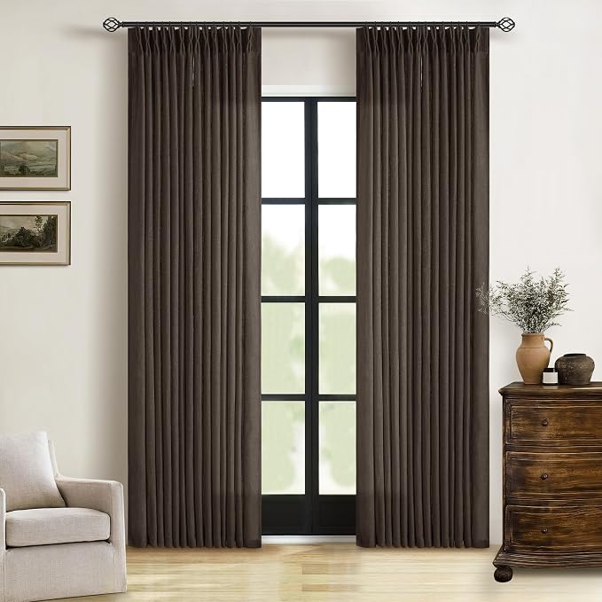 Dark Chocolate 80 Inch Pinch Pleated Semi Sheer Linen Curtains 2 Panels | for Living Room Bedroom, Memory Training Shaped, Light Filtering, Pinch Pleat Drapes with Hooks Rings, Window Curtains 40x80