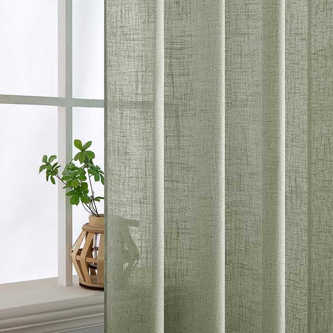 MIULEE Sage Linen Curtains 108 Inch Length 2 Panels for Bedroom Living Room,Green Soft Thick Linen Textured Window Drapes Semi Sheer Light Filtering Back Tab Rod Pocket Burlap Look Decor