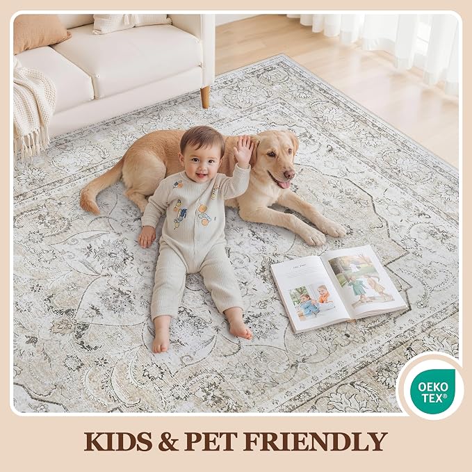 6x9 Area Rugs for Living Room:Beige Washable Vintage Medallion Carpet Non-Slip Soft Low Pile Large Rugs Indoor Retro Rug for Bedroom Nursery Dining Table Office Home(Beige White, 6'x9')