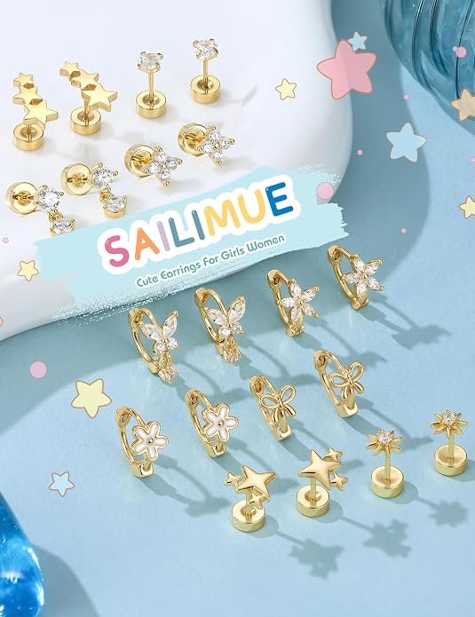 SAILIMUE Hypoallergenic Flat Back Earrings for Girls Women - Cute Toddler Kids Earrings Set Surgical Stainless Steel Earring for Sensitive Ears Small 14K Gold Plated Stud Hoop Earring Stacks