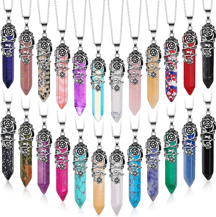 Jexine 24 Pcs Healing Crystal Necklace Christmas Gift Bulk Hexagonal Healing Flower Wrapped Crystal Point Pendant Necklace Natural Quartz Point Pendants with Chain for Women Christmas