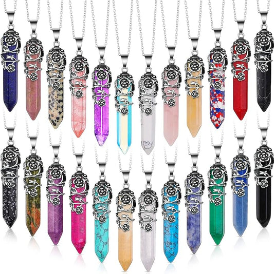 Jexine 24 Pcs Healing Crystal Necklace Christmas Gift Bulk Hexagonal Healing Flower Wrapped Crystal Point Pendant Necklace Natural Quartz Point Pendants with Chain for Women Christmas