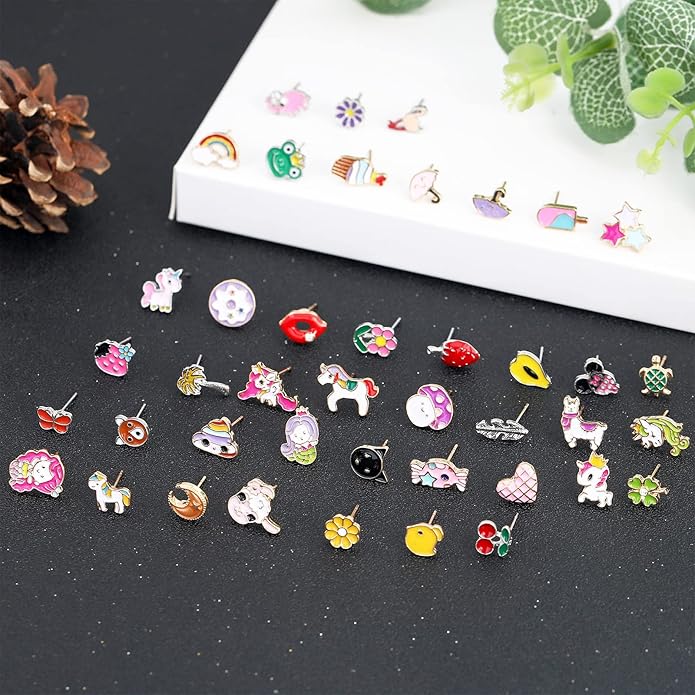 NEWITIN 100 Pairs Colorful Cute Earrings for Girls Sensitive Ears Hypoallergenic Girl Stud Earrings Set Stainless Steel Cartoon Stud for Girls and Women