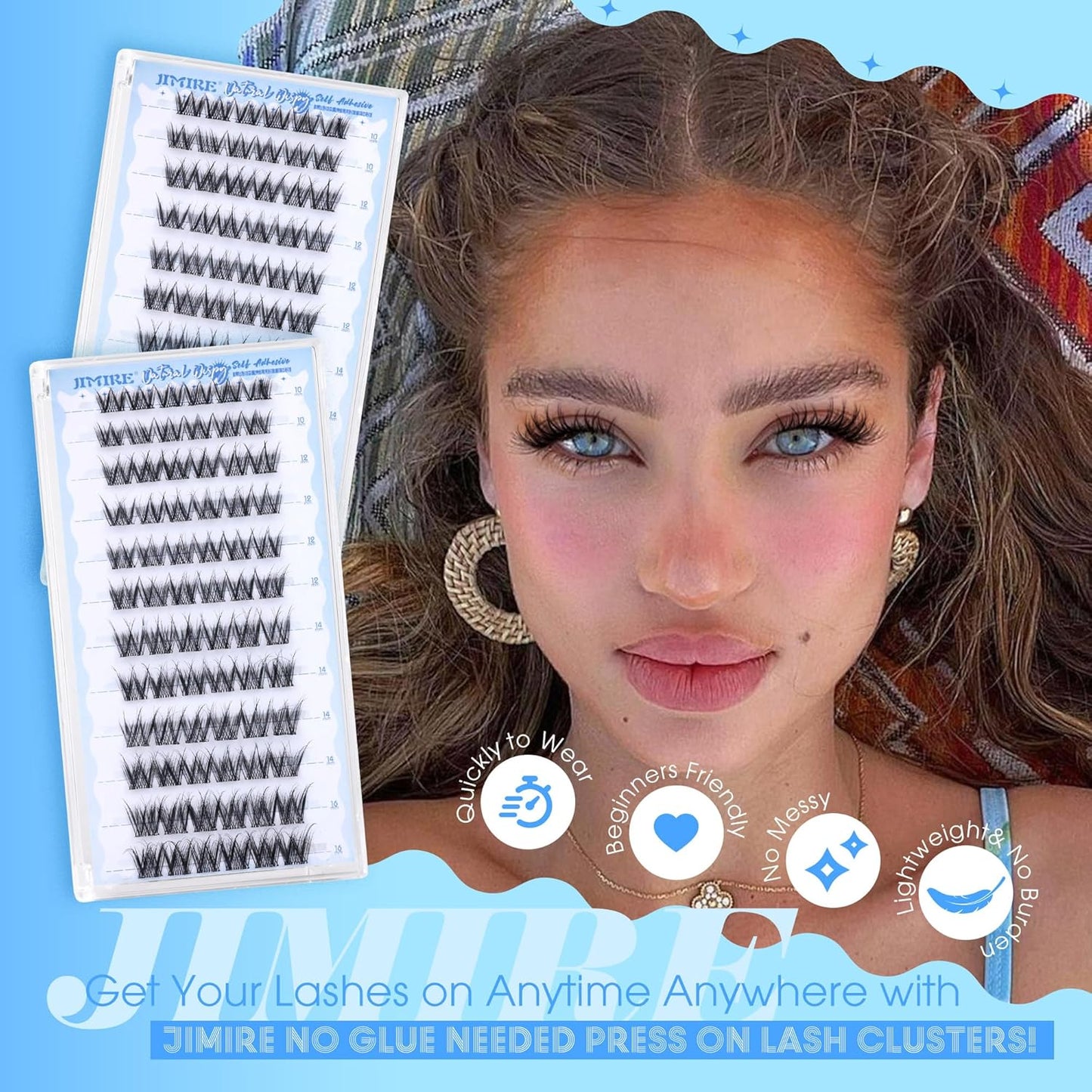 Natural Self Adhesive Eyelashes 10-16MM Wispy Press on Lashes Pre Glued Lash Clusters No Glue Needed Press on Eyelash Clusters Reusable Self Adhesive Lash Clusters Easy to Apply by JIMIRE