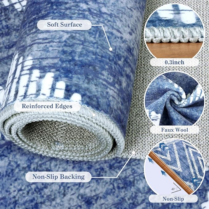 3x10Ft Boho Hallway Runner Rugs Non Slip, Blue Geometric Washable Kitchen Rug Runners, Soft Wide Modern Farmhouse Entryway Floor Carpets for Entrance Doorway Bedroom Home Decor