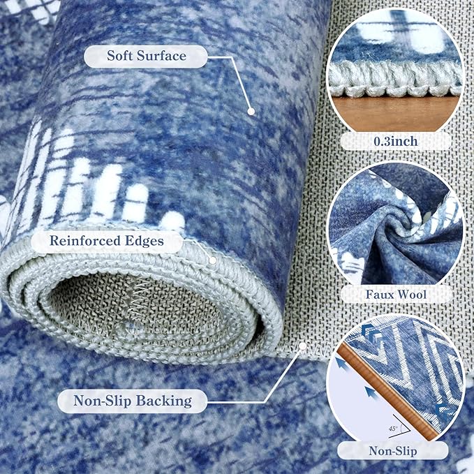 2x10Ft Boho Hallway Runner Rugs Non Slip, Blue Geometric Washable Rug Runners for Kitchen, Soft Low Pile Modern Farmhouse Entryway Floor Carpets for Entrance Doorway Bedroom Home Decor