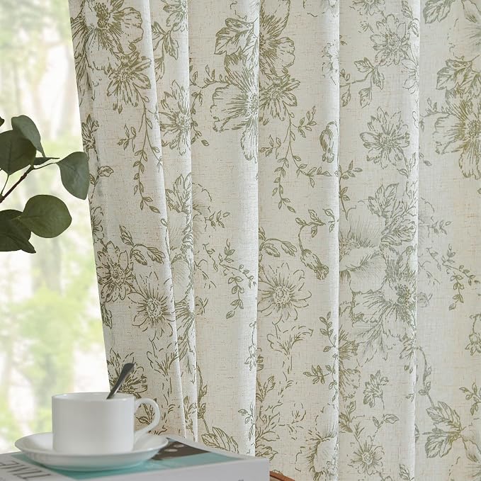 jinchan Green Floral Linen Curtains Lined 90 Inch Vintage Back Tab 2 Panels | Privacy lining, light filtering drapes, vintage, cottagecore, french country, rustic, bedroom, living room, window treatment
