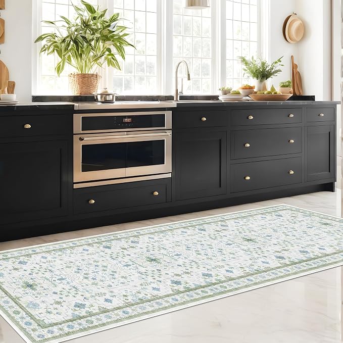 Hazo Haus Oushak 3x16 Wide Hallway Runner Rug - Vintage Turkish Floral, Washable Low Pile Non Slip 16ft Extra Long Runners for Large Kitchen, Hall Way - Light Blue and Green Décor