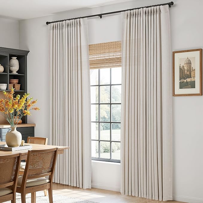 Mousse White Pinch Pleated Linen Curtains 96 Inches Long for Living Room Bedroom Light Filtering Boho Farmhouse Drape 96 inch 2 Panels with Hooks Rings 8ft Sliding Glass Door Semi Sheer Window Curtain