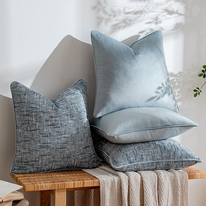 a moment Light Blue 4 Pack Throw Pillow Covers - Chenille & Velvet Set with Piping, Farmhouse Textured Design Pillow Cases for Couch Sofa Bed Livingroom (18x18 Inch, No Insert)