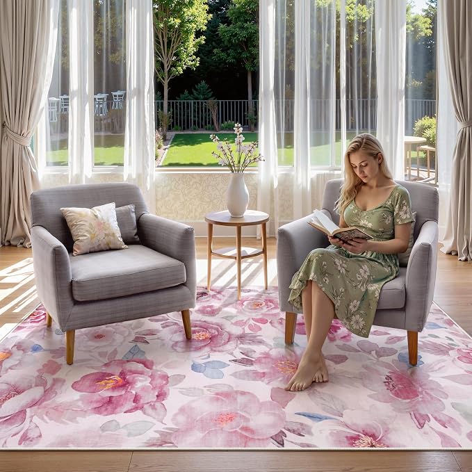 Lahome Floral 3x5 Area Rug for Bedroom, Non-Slip Entry Way Rugs Indoor Ulta-Thin Washable Stain Resistant Boho Throw Rugs for Bathroom Bedroom Vanity（3x5,Pink