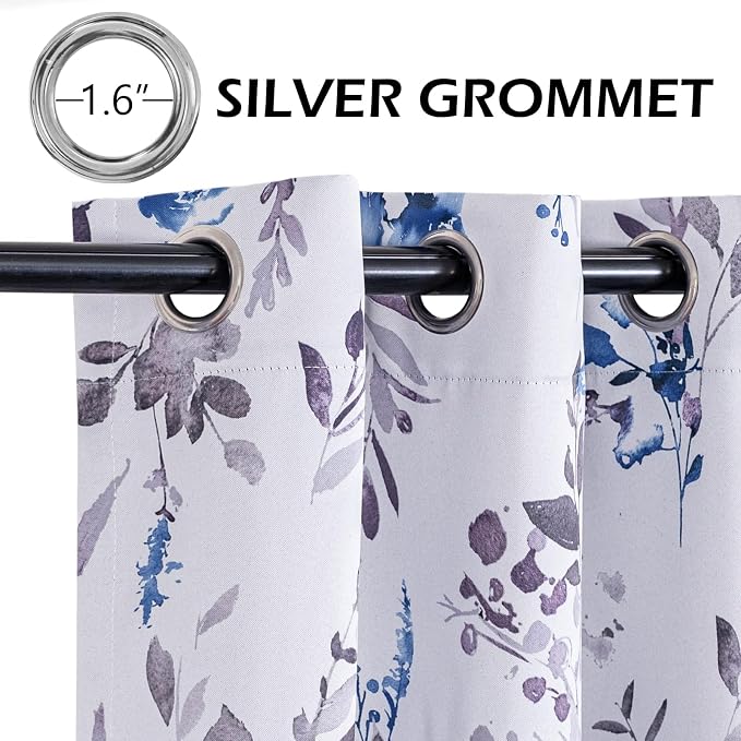 MYSKY HOME Floral Blackout Curtains 90 inch Long 2 Panels Set Thermal Insulated Room Darkening Drapes Grommet Top for Living/Dining Room, Grey and Blue, 52" W Each Panel