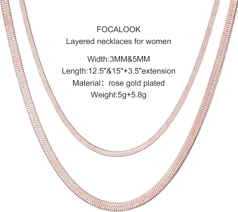 FOCALOOK 14K Gold Plated Necklaces for Women, Fashion Herringbone Choker Necklace Stainless Steel Flat Snake Chain 3/5MM(W) 12.5"/15"/18"+3.5"(L)
