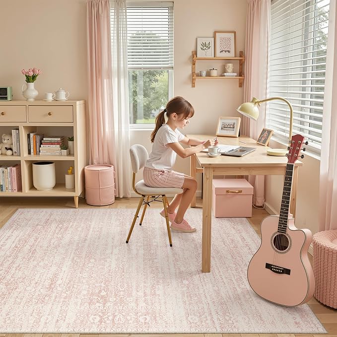 Soalmost Pink 6x9 Area Rugs for Baby Girl Nursery, Washable Soft Rugs | Vintage Floral Non-Slip Low Pile Throw Carpet for Living Room Dining Room Bedroom Kids Playroom 6'x9'