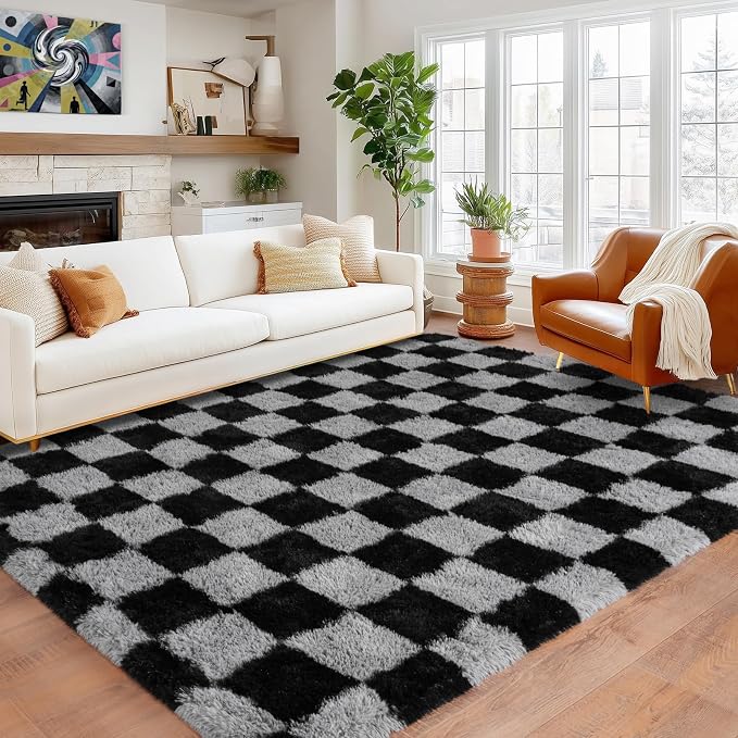Pionblank Checkered Rug for Living Room, Modern Soft Shag 6x9 Area Rugs, Plush Fuzzy Carpet for Bedroom Girls Boys Room Home Nursery Teens Dorm Decor, Black and Grey